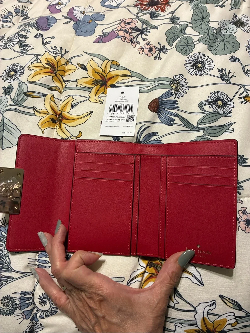 kate spade red leather compact flap wallet with gold plaque